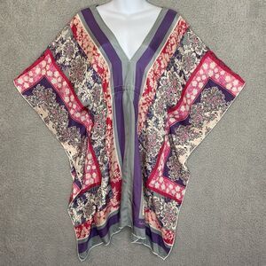 JOHNNY WAS Artsy Boho Tunic Kimono SILK Floral Resort Dress Drawstring Logo Sz S